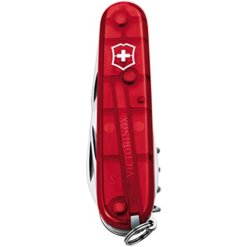 Victorinox Spartan Swiss Army Knife, Camping Pocket Knives, Medium, Multi Tool, 12 Functions, Blade, Bottle Opener, Red Transparent