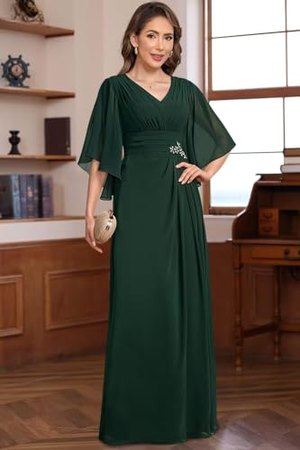 Mother of The Bride Dresses V Neck Pleats Half Sleeves Chiffon Long Formal Wedding Dresses 2025 AD1493