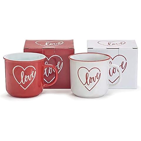 Vintage 14-Ounce Red and White Ceramic Love Heart Mugs - Set of 2 Valentine’s Day Coffee Cups with Gift Box - Holiday Tableware Home Decor Cover