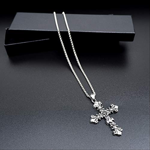 Rnuie Cross Necklace For Men,Special Titanium Steel Pendant,24-Inch Chain,Old Silver Retro Accessories For Gifts And Decorations(Flower) #TOP4