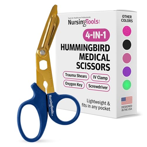 Nursing Tools Hummingbird Medical Scissors for Nurses – 4-in-1 Trauma Shears, Stainless Steel Surgical &amp; First Aid Scissors for Nursing Kit (Blue)