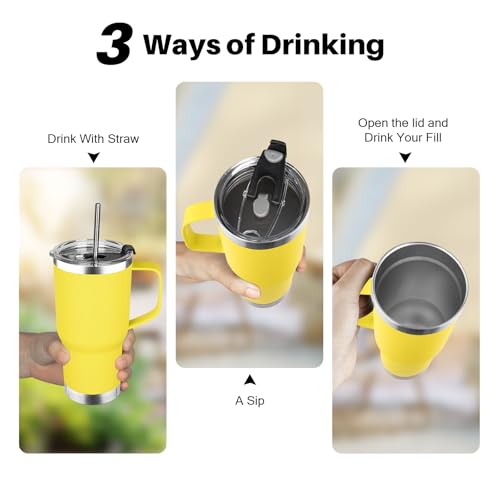 Image of 20 oz Tumbler with Handle, Stainless Steel Insulated Tumbler with Lid and Straw, Double Wall Vacuum Coffee Mug Tumbler, Insulated Coffee Thermal Cup for Cold and Hot (Yellow, 20 Ounces)