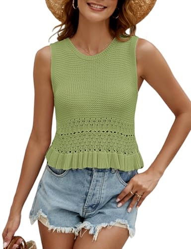 Image of VIMPUNEC Womens Crochet Crop Tank Tops Sleeveless Knit Sweater Vest Ruffle Hem Summer Top
