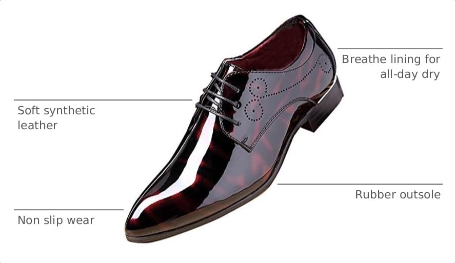 Image of Men Fashion Dress Business Shoe Pointed Toe Floral Patent Leather Lace Up Oxford Black Brown Red Grey