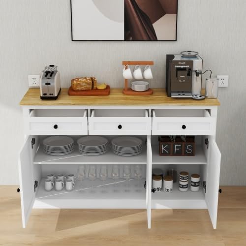 Farmhouse Style Buffet Cabinet, 3 Drawers, 3 Doors, Adjustable Shelves, White