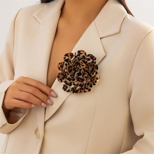 Image of Satin Fabric Leopard Rose Flower Large Brooch Pins Handmade Elegant Extra Big Camellia Silk Flowers Floral Lapel Pin for Women Wedding Bridal Prom Party Dance Dress Suit Clothes Accessories