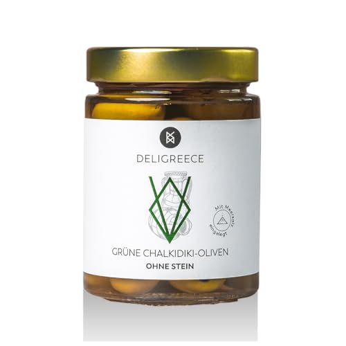 DELIGREECE - Grüne Oliven ohne Stein in Salzlake | Saftige, bissfeste Oliven, eingelegt in Meersalzlake. Grüne Oliven, perfekt als veganer Snack, Vorspeise oder für mediterrane Gerichte | 345g