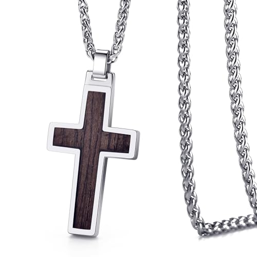 MOO&LEE Tungsten Cross Pendant Necklace for Men Wood Inlay Fiber Inlay Cross Necklace Tungsten Jewellery2