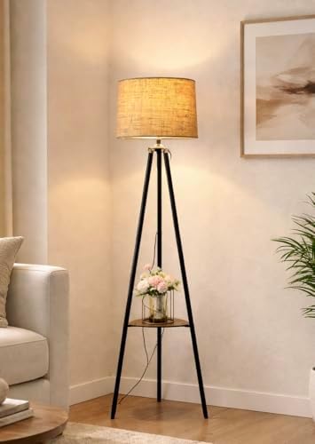 F N Finautica Wooden Italian Wooden Crafter Standard Size Tripod Floor Lamp with Jute Shade, Bulb and Holder, Pack of 1 LED