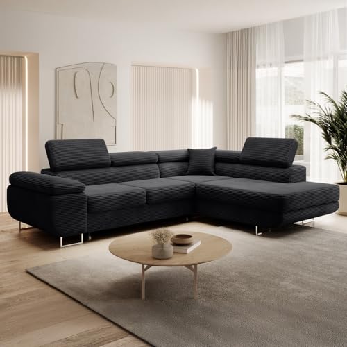 INTENSE DECO Canapé d'angle Droit Convertible Marius Velours côtelé Noir – vue 4