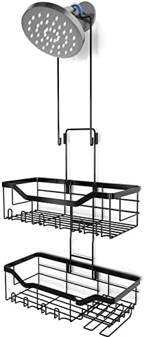 SHINGONE Hanging Shower Caddy Adjustable Length, Shower Caddy Over Shower Head With Hooks, Shower Rack Hanging Shower Organizer for Bathroom, Black