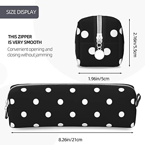 Image of Leather Pencil Case - Polka Dot Black and White Simple Pattern, Stationery Bag Pen Organizer Makeup Cosmetic Holder Pouch for School Work Office College