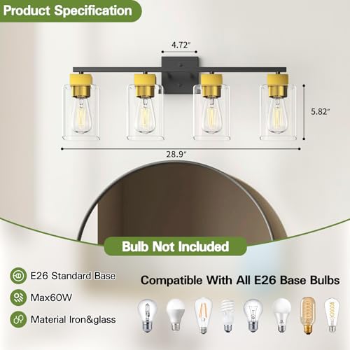 Image of 4 Light Bathroom Vanity Light - Black and Brushed Gold Bathroom Light Fixtures UL Certification, Square Light Fixture Over Mirror, Farmhouse Light Fixtures for Bathroom & Bedroom