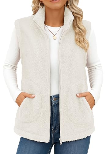 YUCOLEN Sherpa Fleece Vest for Women Sleeveless Lightweight Zip Up Outerwear Winter Warm Vest Jacket with Pockets White S