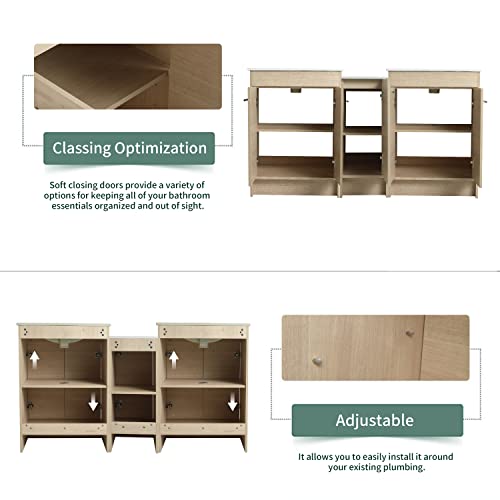 Ssline 60" Bathroom Vanity Sink Combo With Side Cabinet Light Oak Floor Standing Bathroom Vanity W/White Top Basin Double 24" Single Bathroom Vanity Set With A 12" Ceramic Countertop Storage Cabinet #TOP3