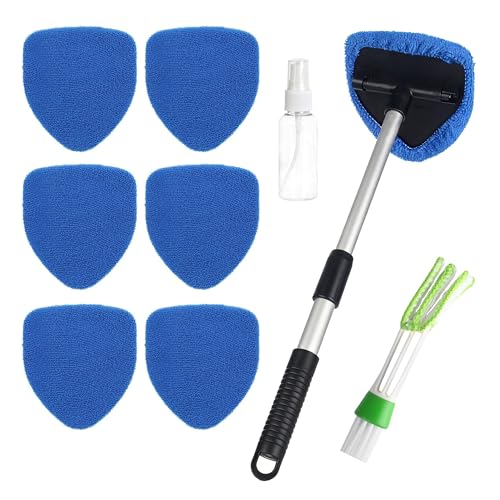Juego de limpiaparabrisas, que incluye 6 almohadillas de limpieza de microfibra, un cepillo para aire acondicionado y 1 botella rociadora, con un mango telescópico giratorio de 180 grados