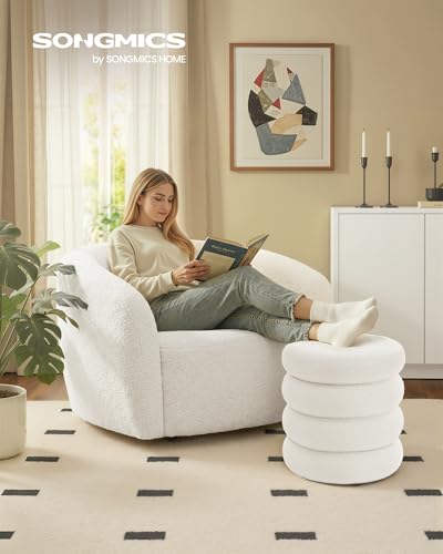 SONGMICS Schminkhocker, Hocker mit Stauraum, runder Sitzhocker, Polsterhocker, Fußhocker, Deckel abnehmbar, Wohnzimmer Schlafzimmer Flur, einfacher Aufbau, 43 x 47 cm, Fleece, weiß LOM015WD01