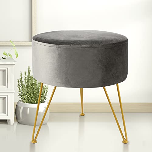 Ecomex Velvet Round Ottoman With Metal Legs, Upholstered Round Footrest Stool Footrest Ottoman Vanity Makeup Stool Modern Furniture For Living Room Bedroom, Grey #TOP22