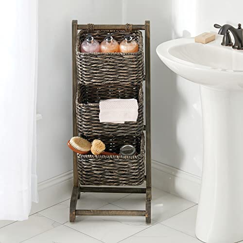Mdesign Wood Tiered Storage Baskets Shelf Stand With 3 Decorative Storage Bins For Organizing Living Room, Laundry Room, Bedroom, Bathroom, Office - Hold Clothes, Blankets, Books - Black/Black Wash #TOP1
