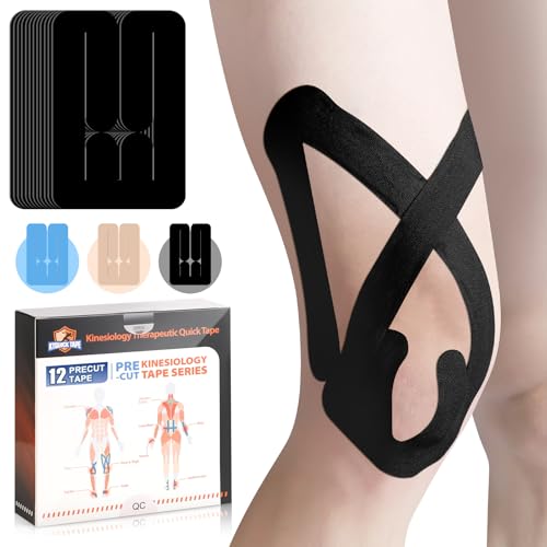 Kinesiology Tape for Knees&Thighs, 12 Count Knee Tape For Knee Pain Relief Pre Cut, KTQUICK Original Cotton Waterproof&Breathable, Enhance Elastic Athletic Knee Tape For Knee & Thighs Stability(Black)