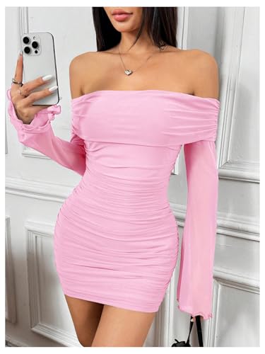 Image of GORGLITTER Women's Off The Shoulder Mesh Mini Dress Long Sleeve Y2K Sexy Ruched Bodycon Birthday Club Party Dresses