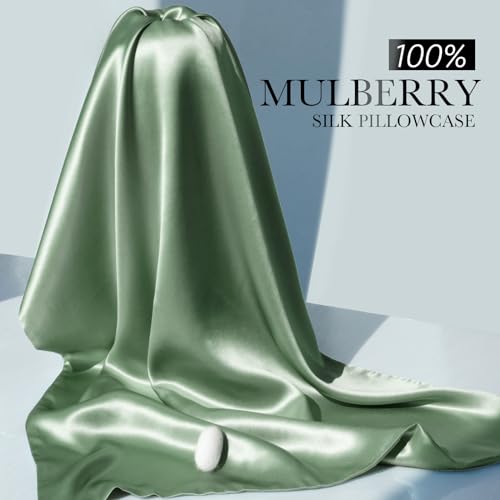 100% Mulberry Silk Pillowcase for Hair and Skin, 22 Momme Pure Natural Silk Pillow Case Both Sided with Zipper, Pillow Cover for Women Mom Men (Matcha, Standard 20''×26'')