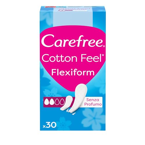 Carefree Salvaslip Cotton Feel Flexiform Senza Profumo, Salva slip donna 100% traspiranti ideali per tutti i tipi di slip, Morbidi proteggi slip che si adattano ai movimenti del corpo, 30 salvaslip
