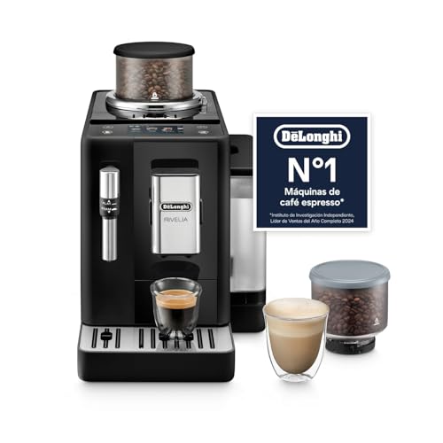 De’Longhi Rivelia – Perfetto Cafetera Superautomática, Espumador de Leche manual, 8 Bebidas One-Touch, Pantalla Táctil a Color, Depósitos de Granos de Café Intercambiables, Negro (EXAM440.35.B)