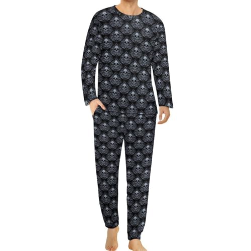 Mens Long PJs Set Hawaiian Leaf Flamingo Loose Crew Neck Sleepwear Sets with Elastic Waistband Comfy Sleep Loungewear