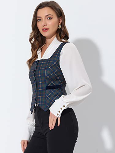 Allegra K Women's Square Neck Christmas Single Breasted Sleeveless Vintage Plaid Waistcoat Vest3