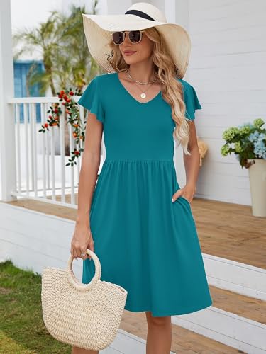 Image of Heymoments Women's Ruffle Sleeve V Neck Swing Sundress Summer Casual A-Line Midi Dress with Pockets S-2XL