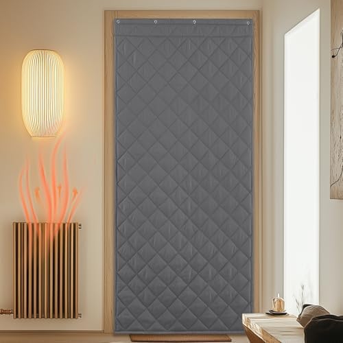 Rideau De Porte Isolant Thermique Et Phonique 160x180 Cm - Aimants Intégrés, Coupe-vent Hiver - Couleur Gris
