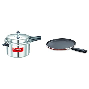 Prestige Popular Aluminium Pressure Cooker, 5.5 Litres, Silver + Prestige Omega Deluxe Omni Tawa 250 Combo, 5.5 Liter