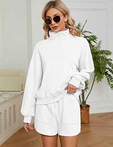 Flygo Women's 2 Piece Lounge Sets 2023 Spring Outfits Long Sleeve Pullover Sweatshirt Drawstring Shorts Sweatsuit(White-L) #TOP5
