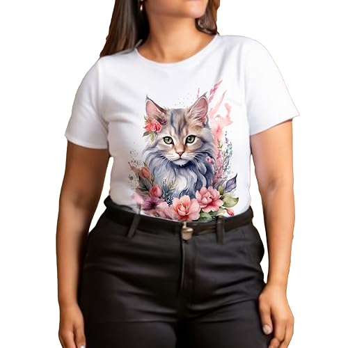 Image of Cotton Half Sleeve White Tshirt for Women, Round Neck, Flower Cat