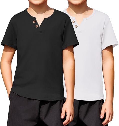 Arshiner 2-Pack Boy's Henley Shirt Short Sleeve Cotton T-Shirt with Multi Color 5-12 Years