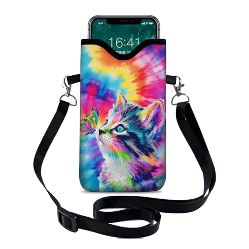 Image of Neoprene Cell Phone Sleeve Pouch Case Bag with Crossbody Strap Neck Lanyard for Women 7.1 X 3.9 in Tie Dye Cat