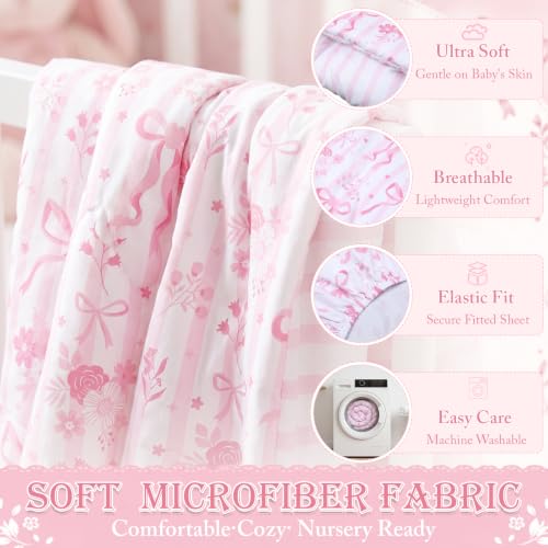 Image of Hahafelt 4 Pieces Crib Bedding Set for Girls and Boys, Soft Baby Bedding Set Including Crib Skirt, Comforter, Sheet and Diaper Stacker for Nursery(Pink Bow)