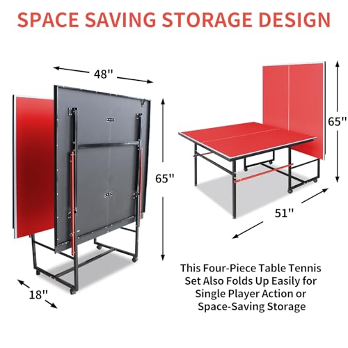 KEIKI Foldable 8FT Ping Pong Table Set, Portable Indoor Table Tennis Table with 0.5\" MDF Top, Quick Setup Ping Pong Table for Home, 2 Paddles & 3 Balls, Red