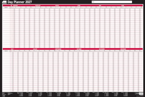 Image of Sasco 2027 Day Wall Planner with wet wipe pen & pack of 700 stickers, Black & Red, Board Mounted, 915mmW x 610mmH