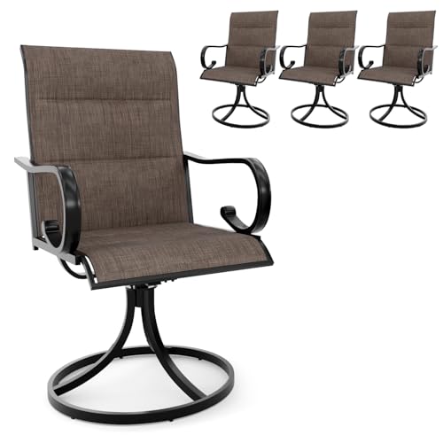 MELLCOM Swivel Outdoor Chairs Set of 4, High Back Padded Textilene Patio Dining Chairs with Metal Frame, All-Weather Outdoor Furniture Rocker, Brown