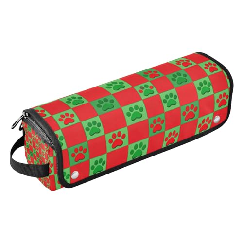 Bolsa de viaje y tapete resistente al calor para planchas y rizadores de cabello, con diseño de cuadros rojos y verdes con huellas de perro miniatura 1