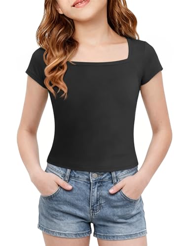 Image of Haloumoning Girls Crop Tops Summer Short Sleeve T Shirts Kids Square Neck Slim Fit Basic Tee