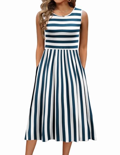 Image of Zeagoo Women's Dresses Summer Sleeveless Dresses Elegant A Line Tank Dress Casual Crew Neck Midi Swing with Pockets Blau Weiß XL