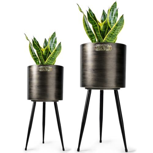 Harvest Land Plant Pots with Stand, Set of 2 Large Modern Planters Metal Tall Handmade Flower Pots with Drainage Holes Indoor Outdoor,Black