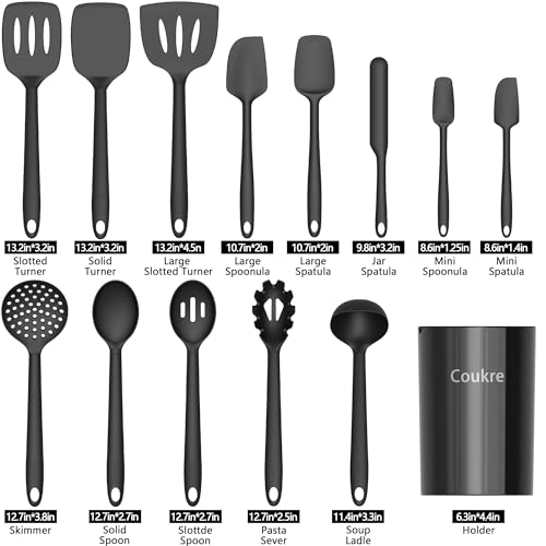 Coukre Silicone Kitchen Cooking Utensils Set with Holder – Heat-Resistant, Food-Grade Kitchen Tools, Spatula, Spoon & Gadgets for Non-Stick Pans, Dishwasher Safe (14, PureBlack) - Image 3