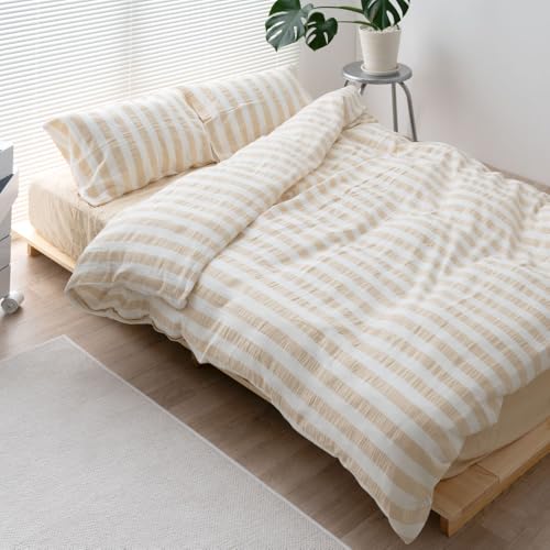 Glan グラン NERUS 正規品 布団カバー セット ガーゼ生地 ストライプ 掛け布団カバー セット ボックスシーツ ベッドシーツ 綿100 3点セット シーツ 掛布団カバー 韓国 おしゃれ (ベージュ, シングル)