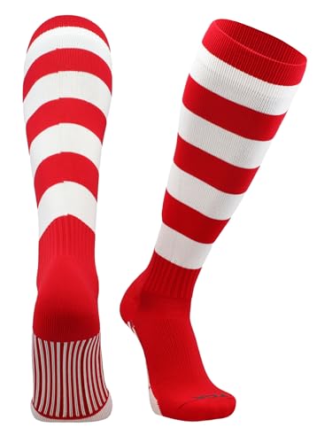 TCK 4 Stripe Hoop Soccer Rugby Socks (Scarlet/White, Medium)