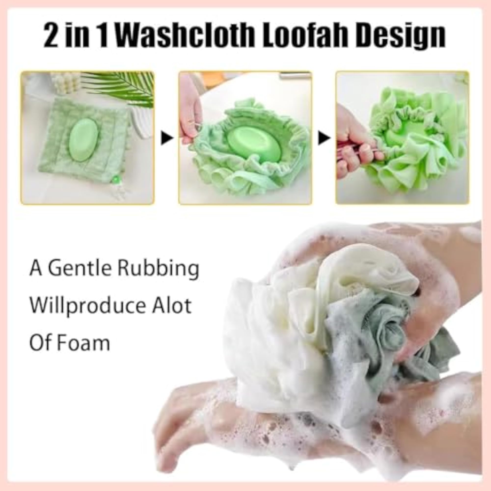 2-In-1 Loofahs Sponge Washcloth Combo, Gentle Shower Body Scrubber