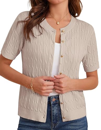 Image of GRACE KARIN Women's Short Sleeve Sweater Summer Open Front Cable Knit Cardigan Crewneck Button Up Knit Cardigans Jacket L Apricot